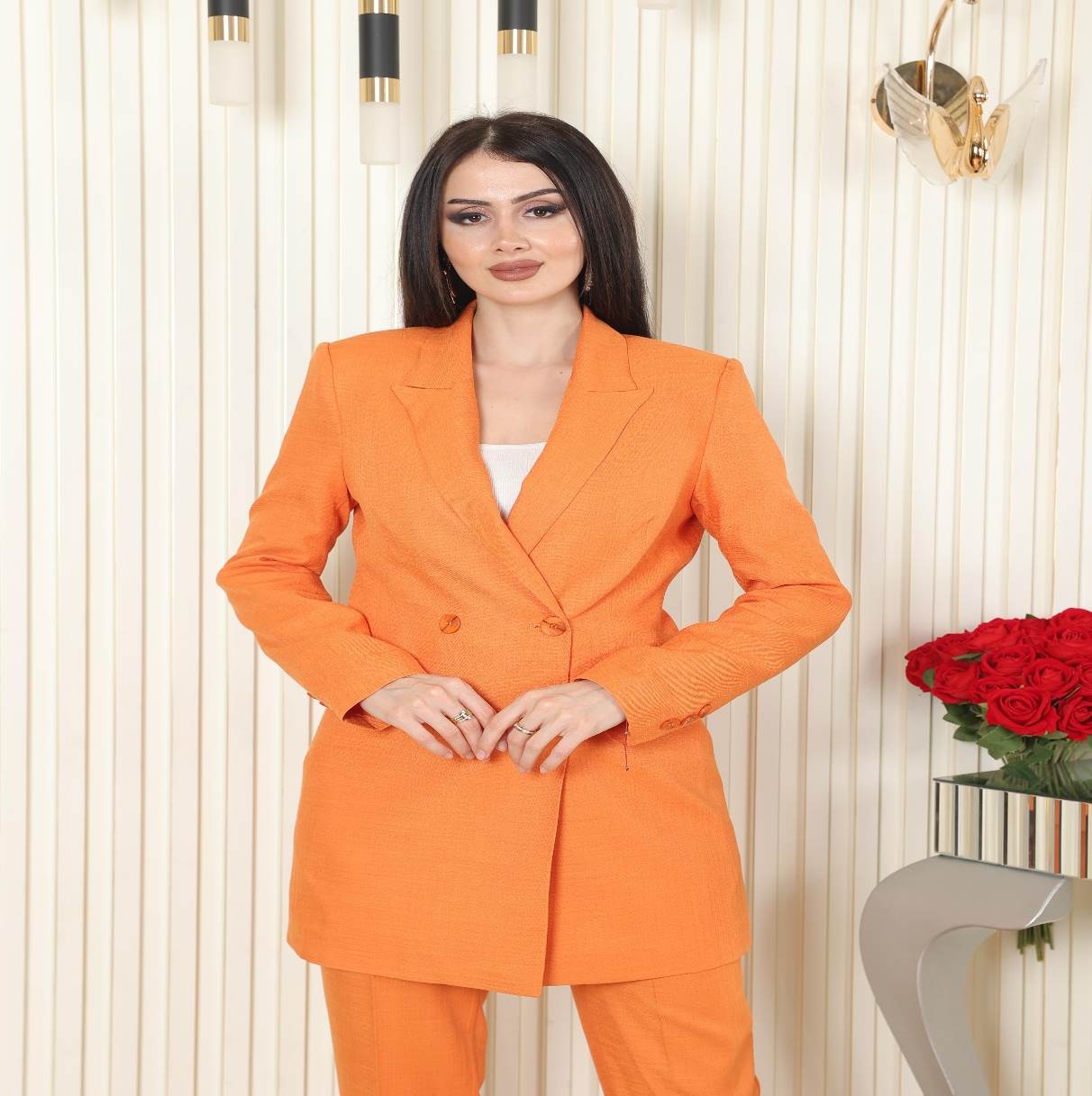 Brooch Detail Crepe Skirt Suit