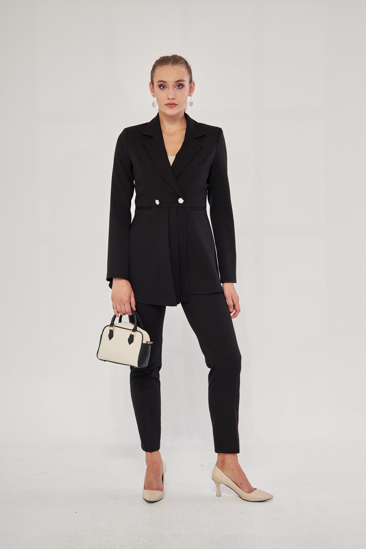 Stone Piping Button Detailed Collar Suit Claret Red