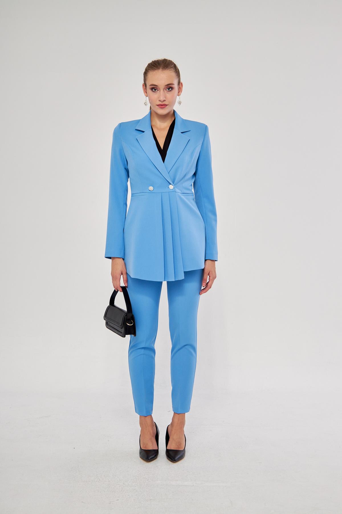 Stone Piping Button Detailed Suit Navy Blue