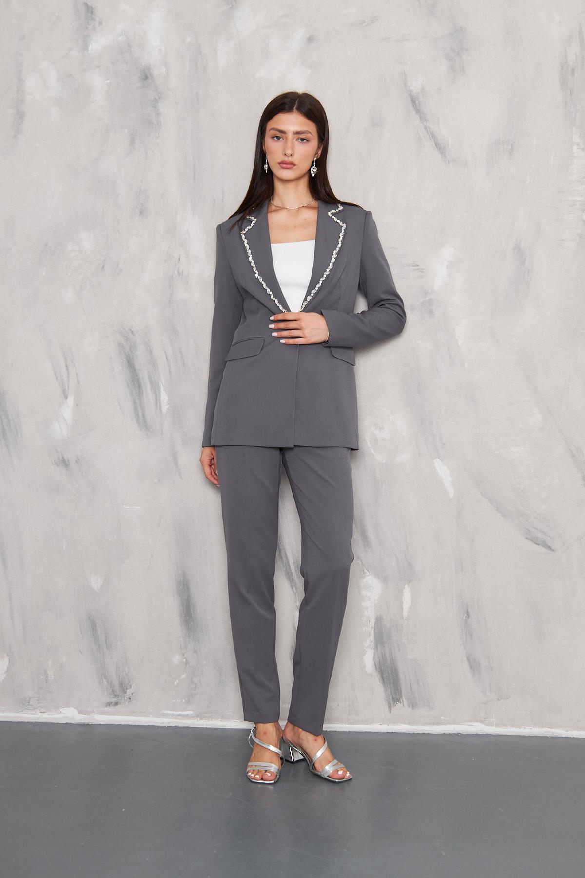 Stone Embroidered Collar Suit Navy Blue