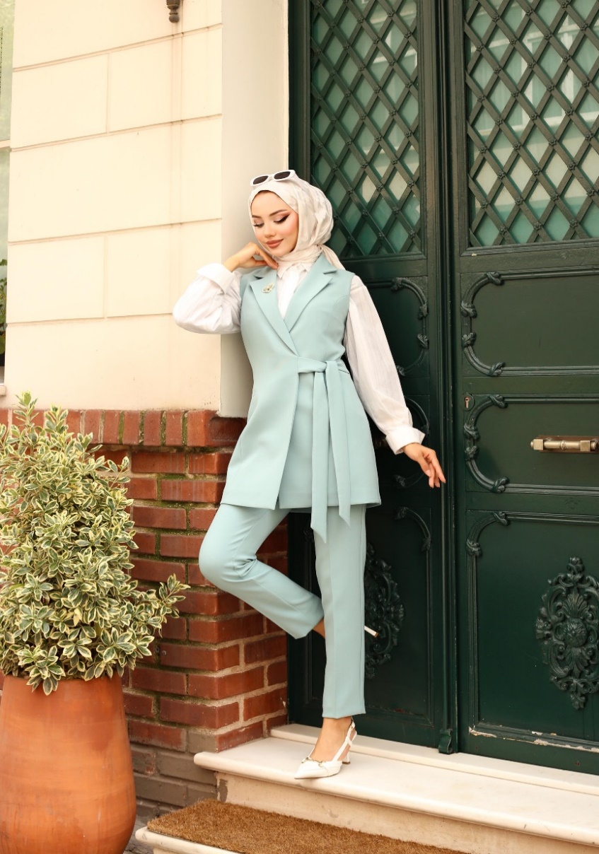 Gold Button Belted Vest Set